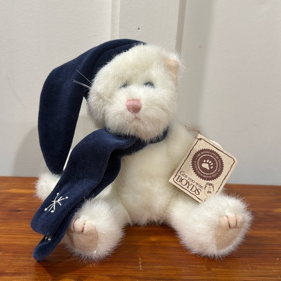 Boyds Bears Other - Boyds Bears Catia Crawford White Cat Plush w/Blue Winter Scarf & Hat